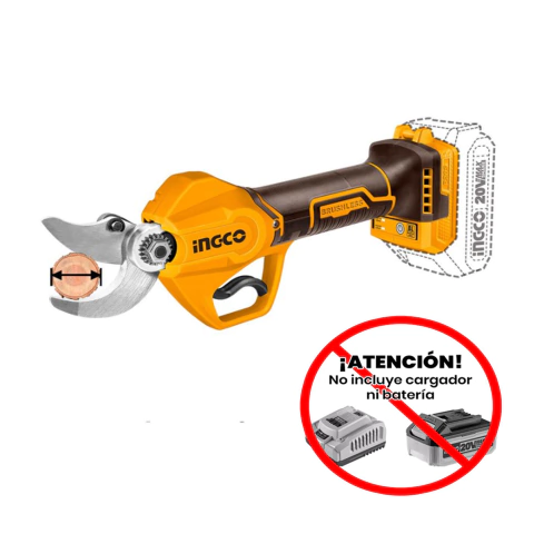 Tijera de poda eléctrica Ingco modelo CSSLI20308 con diseño sin carbones y batería de 20V.