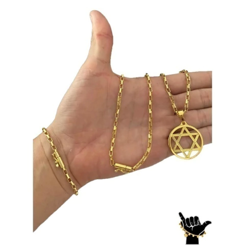 Corrente Tijolinho 3mm + Pulseira + Pingente -Banhado a Ouro