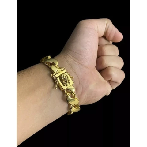 PULSEIRA FRISO S 13MM COM FECHO JESUS CRISTO - BANHADO A OURO 18K - comprar online