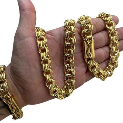 Kit Friso Triplo 12mm Corrente + Pulseira Banhado a Ouro