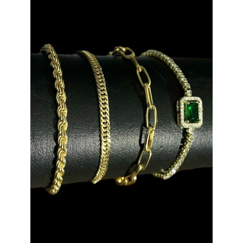 Kit Feminino Pulseiras 3mm + Pedra Verde Banhado a Ouro