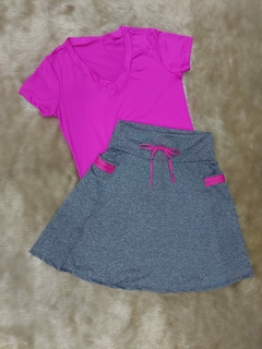 Short Saia Evasê tecido Cinza Gleice Fitness Evangélica - Leidi LookFit