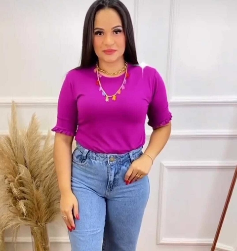 Blusa Casual de malha gola redonda manga alongada 3/4 Roseli