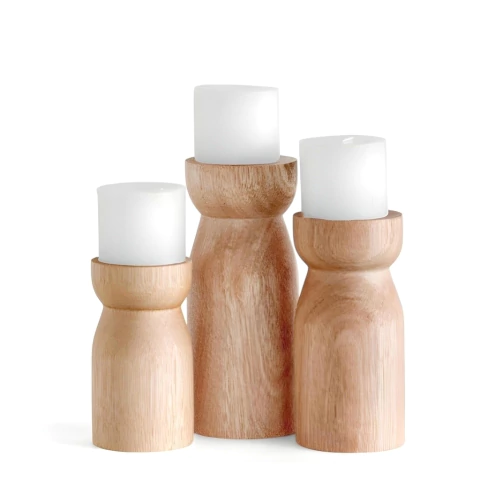 Set x 3 Candelabros de Madera Maciza Bajos Nórdico + 3 Velones - comprar online