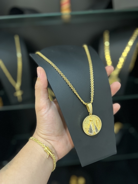 KIT Cadeado duplo 5MM + Pingente Nossa Senhora - Banhado a Ouro 18k