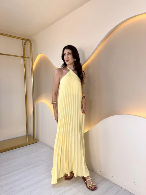 Vestido Plissado Lorena Amarelo