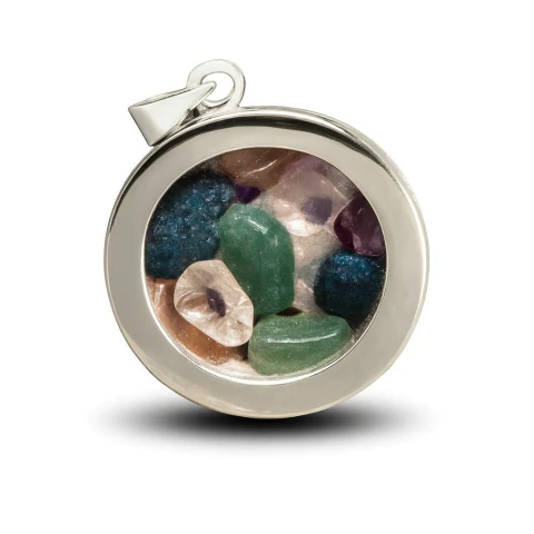 Pingente redondo em prata 925 com cristais coloridos verdes, azuis e transparentes no centro