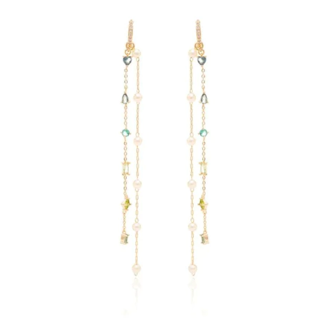 Brinco Argola Corrente Pérola Mix Cristais Semi Joia