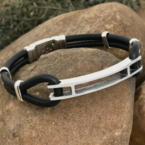 Pulseira Prata 925 Masculina Borracha Negra 