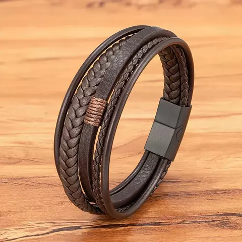 Pulseira Couro Mix Aço Marrom Trançado