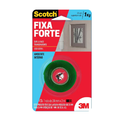 Fita Dupla Face 3M Fixa Forte 24mm x 2 Metros Transparente