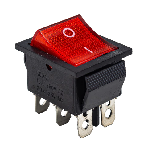 Chave Gangorra Retangular KCD4 6 Pólos e 2 Posições com Botão Luminoso Vermelho 16A/20A 250V