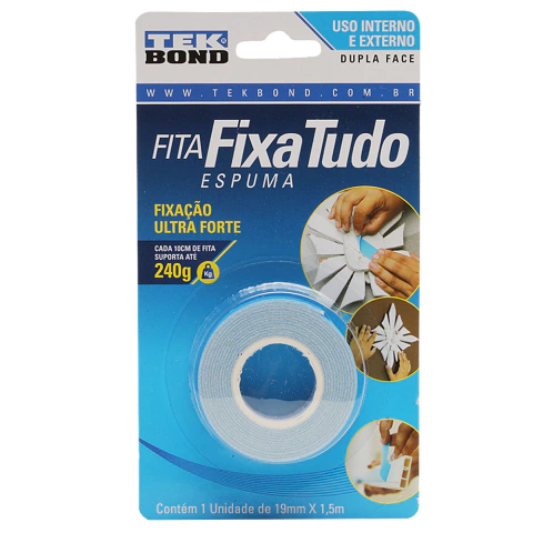 Fita Dupla Face Tekbond Fixa Tudo Espuma 12mm x 1,5 Metros