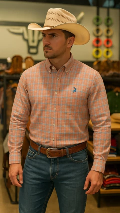 CAMISA MASCULINA MANGA LONGA AUSTIN WESTERN XADREZ ROSA AZUL - comprar online