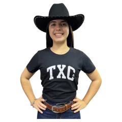 CAMISETA SLIM FEMININA TXC PRETO MEIA MALHA PENTEADA BORDADA