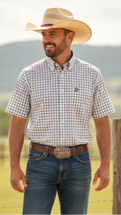 CAMISA MASCULINA THANKFIELD XADREZ MANGA CURTA BRANCA