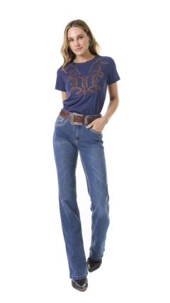 T-SHIRT FEMININA SELFF WESTERN BORDADA RIBITE MARINHO