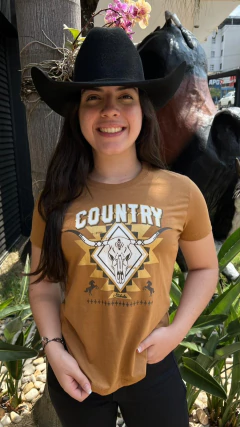 T-SHIRT FEMININA STABULOS COUNTRY CARAMELO ESTAMPA LONGHORN