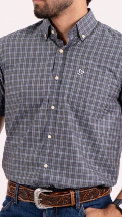 CAMISA MASCULINA THANKFIELD XADREZ MANGA CURTA AZUL E CINZA - comprar online