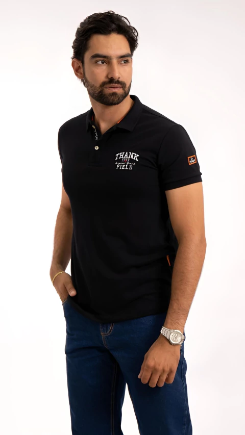 CAMISA MASCULINA GOLA POLO THANKFIELD PRETO BORDADO