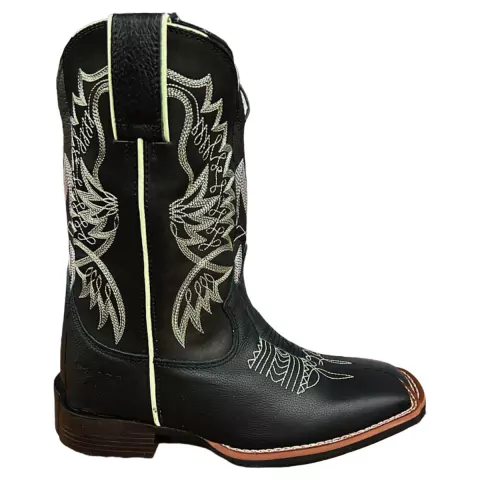 BOTA TEXANA FEMININA DURANGO COURO PRETO BORDADO VERDE AGUÁ