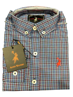 CAMISA INFANTIL MANGA LONGA AUSTIN WESTERN XADREZ AZUL/VERM