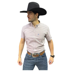 CAMISA TXC MASCULINA MANGA CURTA BORDADA XADREZ ROSA CINZA