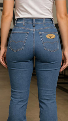 CALÇA FEMININA AMERICAN COUNTRY RETA C/ ETIQUETAS EM COURO - SELARIA GUIMARÃES