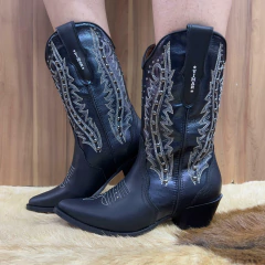 BOTA TEXANA VIMAR BICO FINO PRETO RIBITES BORDADO - loja online