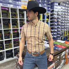 CAMISA TXC MASCULINA MANGA CURTA BORDADA XADREZ BEGE LARANJA na internet