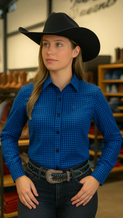 CAMISETE FEMININO XADREZ MANGA LONGA MARINHO COM PRETO