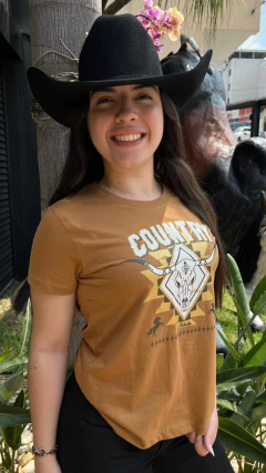 T-SHIRT FEMININA STABULOS COUNTRY CARAMELO ESTAMPA LONGHORN na internet