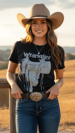 T-SHIRT FEMININA WRANGLER ORIGINAL PRETA ESTAMPA CINZA - comprar online