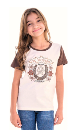 T-SHIRT OX HORNS INFANTIL MENINA COM STRASS CREME E MARROM - comprar online