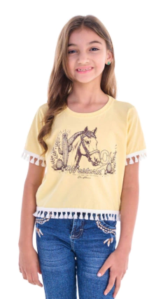 CROPPED OX HORNS INFANTIL MENINA ESTAMPADA STRASS AMARELA