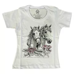 T-SHIRT FEMININA INFANTIL BRANCA COM STRASS ESTAMPA CAVALOS