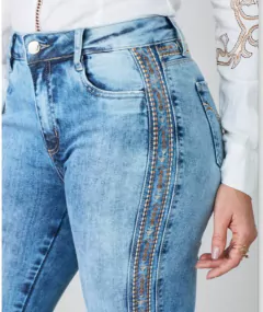 CALÇA MINUTY FEMININA FLARE COS ALTO BORDADA LATERAL na internet