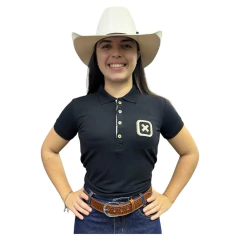 CAMISETA GOLA POLO TXC FEMININA SLIM CUSTOM BORDADO PRETO