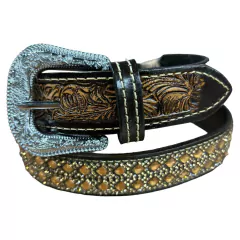 CINTO INFANTIL STRASS DOURADO COURO REBAIXADO FLORES CAFÉ