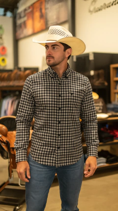 CAMISA MASCULINA XADREZ SPORT SLIM MANGA LONGA PRETO CINZA