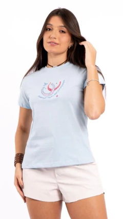 T-SHIRT BABY LOOK THANKFIELD FEMININA BORDADA AZUL BEBE - comprar online