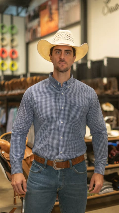 CAMISA MASCULINA MANGA LONGA XADREZ SLIM MARINHO BRANCO