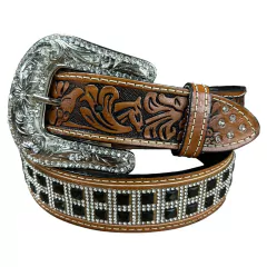 CINTO SELARIA GUIMARÃES COURO PEDRARIA PRETA E STRASS PRATA