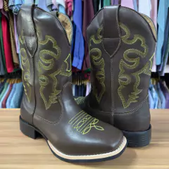 BOTA TEXANA MASCULINA COURO LEGÍTIMO CAFÉ BORDADO VERDE - loja online