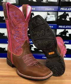 BOTA TEXANA FEMININA DURANGO COURO ROSA CEREJA BORDADO AZUL - loja online