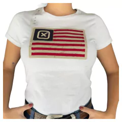 T-SHIRT FEMININA TXC BRANCA BANDEIRA EUA COM LOGO FRONTAL