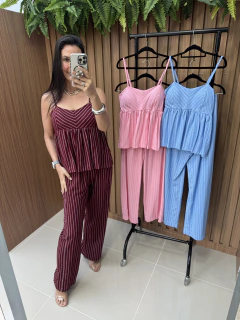 Conjunto linho com viscose listrado | blusa peplum + calça - comprar online