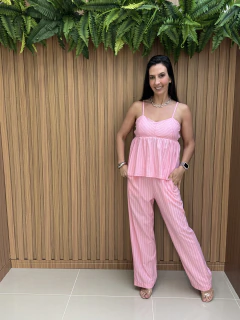 Imagem do Conjunto linho com viscose listrado | blusa peplum + calça