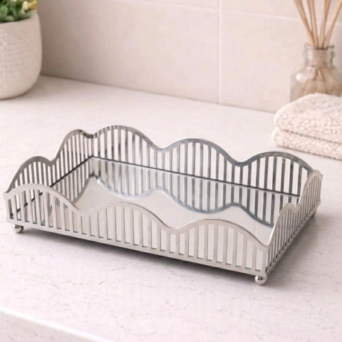 Bandeja Decorativa Espelhada Wave Prata 21 cm x 14 cm