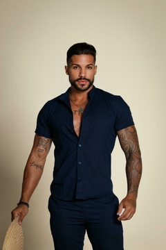 CAMISA DE LINHO MASCULINA AZUL MARINHO - comprar online